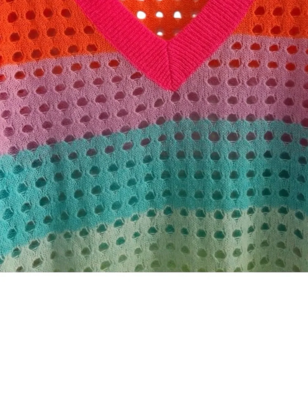 Brodie Cashmere Rainbow Stripe pointelle V Neck Sweater - Picture 5 of 8